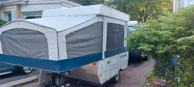 Very good condition. 3 way fridge, 2 burner stove, awning, heater, heated matresses. Approx. 1400 lb...