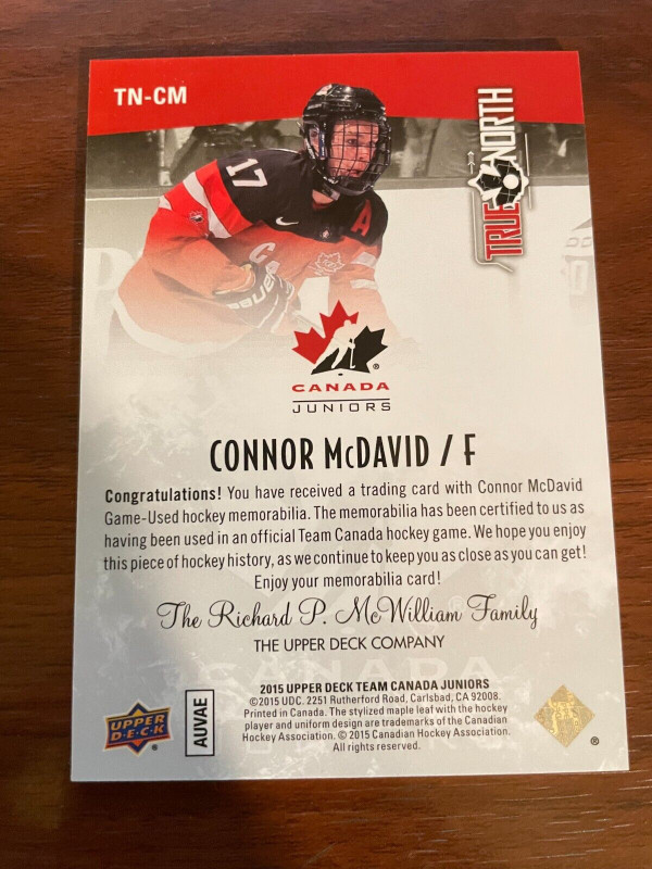 2015 UD TEAM CANADA JUNIORS TRUE NORTH SILVER JERSEY hockey card in Arts & Collectibles in Kingston - Image 2