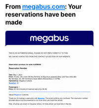 Selling Megabus ticket Toronto to Montreal (Wed. May 1st 6am)