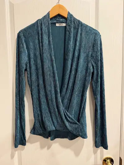 Suzy Shier Teal Plisse Wrap Top, View more