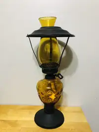 Amber glass vintage Oil lamp 17.5” tall