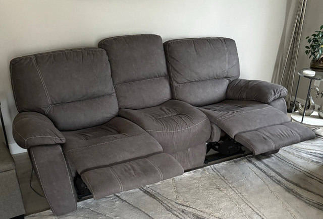 Reclining 3 Seater Grey Fabric Sofa in Couches & Futons in Lethbridge - Image 3