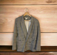 H&M Grey Plaid Double Breasted Blazer With Shoulder Pads