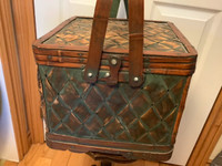 Vintage Wood and Rattan Picnic Basket with Essentials