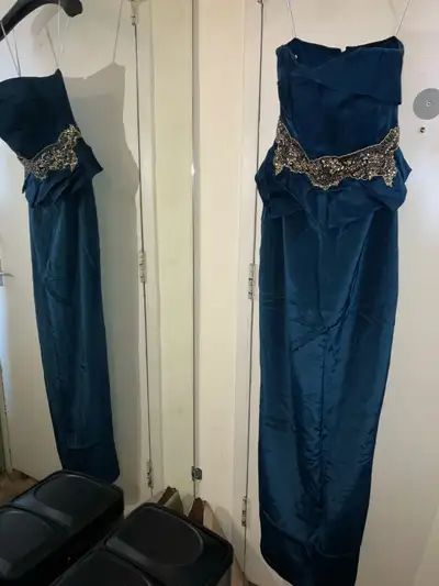 Strapless Teal Evening Gown with Beaded Waist-Size 2, View more