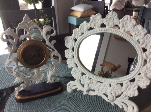 Set of Two White Iron Victorian Inspired Clock & Mirror in Home Décor & Accents in Cape Breton