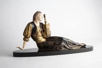 French Art déco Menneville Signed Statue, Bronze, Resin Marble, View more