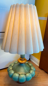 Vintage MCM XL Green Glazed Pottery Lamp Light Fluted Shade