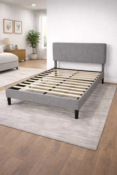 Light Gray Fabric Wooden Bed Frame - Queen Available, View more