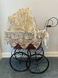Vintage Reproduction Victorian Wicker & Lace Doll's Pram