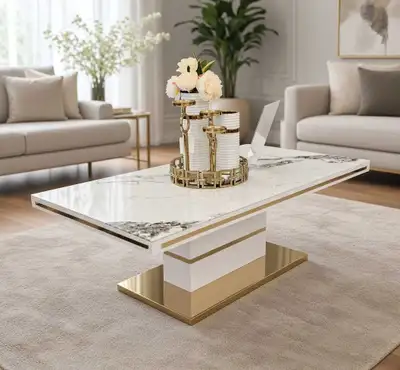 White Marble Coffee Table with Gold Pedestal Base, View more