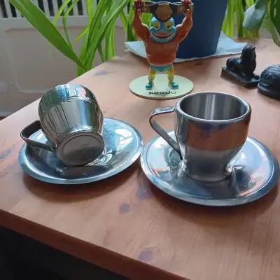 - 2 Tasses à espresso isothermes en acier inoxydable Breville Cafe Roma , des années 90, style Micha...