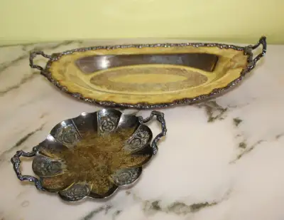 2 silver plated serving trays, View more