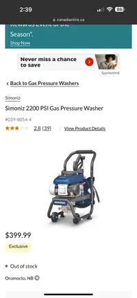Simoniz 2200 psi gas pressure washer 