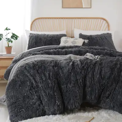 Duvet Cover Queen Faux Fur Duvet Set Dark Gray, View more