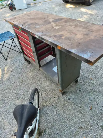 wood work table with red tool box, rolling, View more