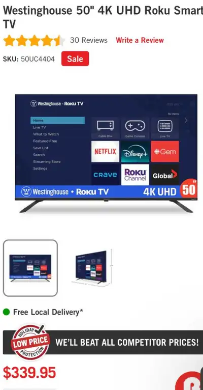 Westinghouse 50" 4K UHD Roku Smart TV, View more