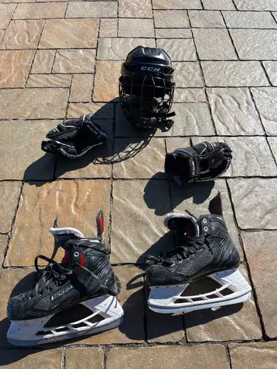 Hockey equipment PRICE RED(helmet, gloves 11” and skates size 7), View more