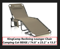 (NEW) KingCamp Reclining Lounger Cot BEIGE 74.8" x 23.2" x 13.3"