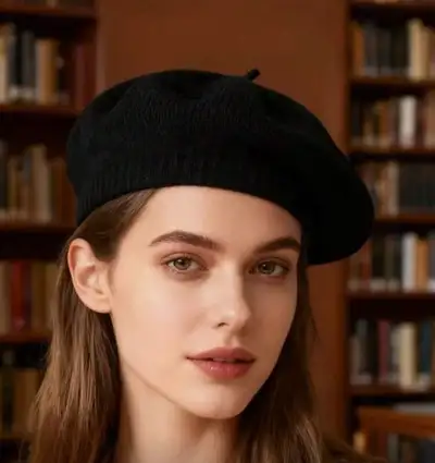 New knitted black beret in the package, View more