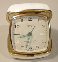 Vintage FISHER Travel Wind-Up Alarm Clock with White Hard Case
