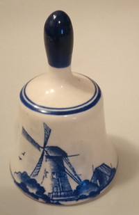 Vintage Delft Porcelain Bell with Blue and White Windmill