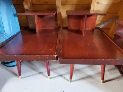 Two wooden retro end tables- used and has some signs of wear, but still in very good solid condition...