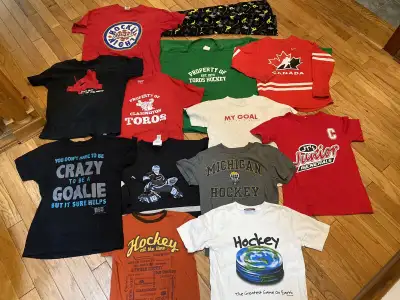 8 hockey shirts, 3 pairs athletic shorts & 1 fleece pj bottoms, View more