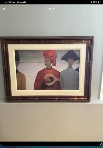 This is a lovely framed art print featuring three figures in historical attire, perfect for adding a...