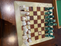 Vintage carved malachite & marble chess set.16”x16”.