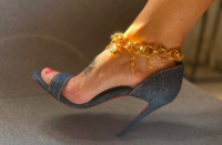  Women’s Christian Louboutin denim heels with gold ankle cha