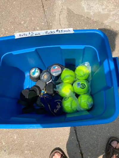 Softballs and hockey pucks, View more