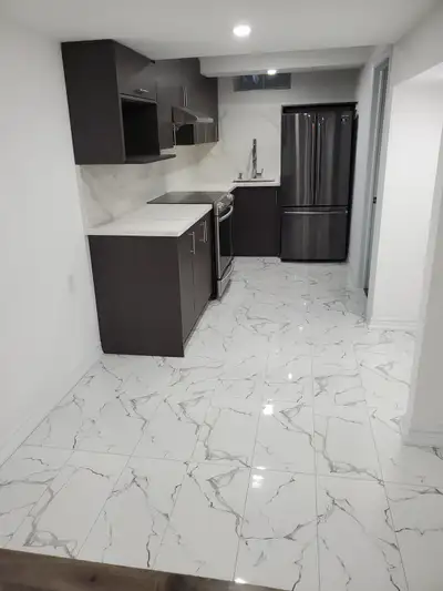 This beautifully renovated basement apartment features modern finishes, including sleek dark cabinet...