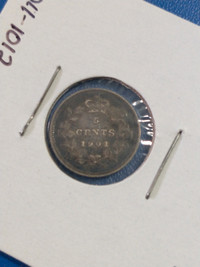 VF 1901 Canada five cent Victoria .925 silver coin KM #2