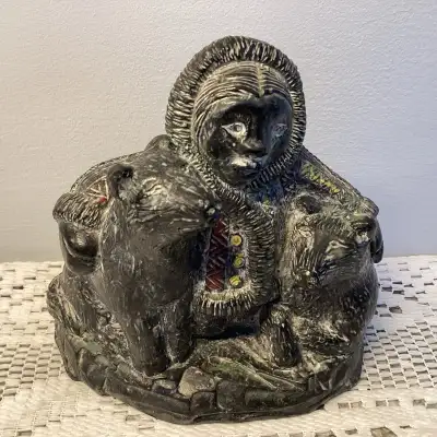 Vintage THE WOLF SCULPTURES Figurine of Inuit Figure with 2 Dogs, View more