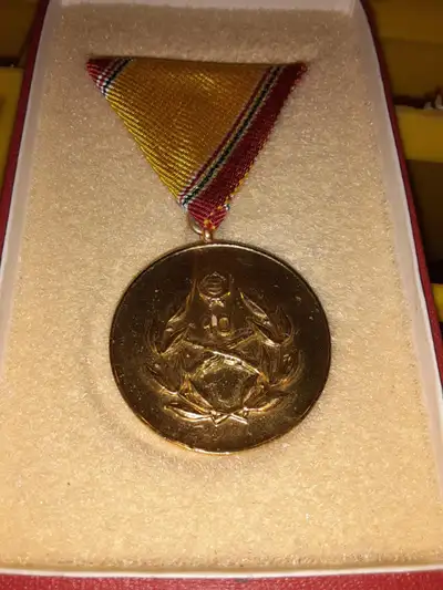 Military Army Medal Hungary 10 Year Reservist This is a circular gold coloured medal award with a ri...