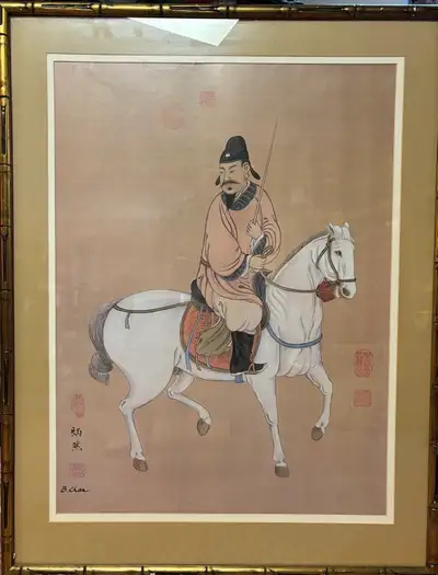 This is a used, framed Tang Horse art print, showcasing a traditional Chinese horse and rider. The a...
