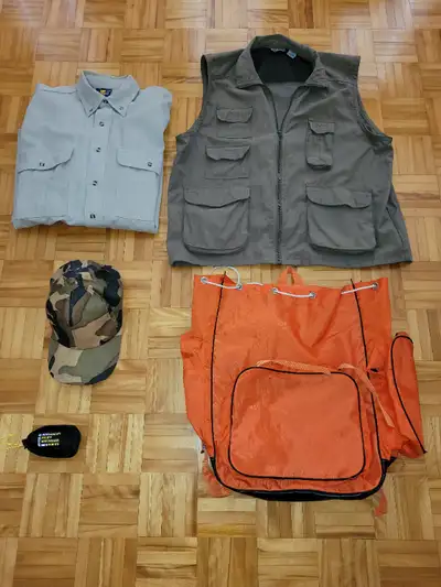 head net.......new.......$5 vest large.....................$35 nylon backpack.........$30 hat ..new...