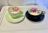 Beautiful Cabbage Roses Aynsley Tea Cup and Saucer Footed Gold H