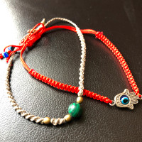 2 cool unisex cord bracelets - Evil Eye Hamsa and Malachite bead