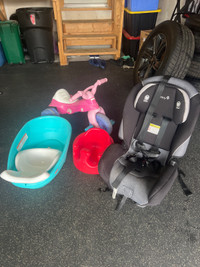 Car seat, baby tub, bumbo chair and trike