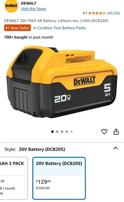 Dewalt 20V Max XR 5.0Ah Lithium Ion battery. Compatible with 20V Max tools and chargers. Reliable ru...