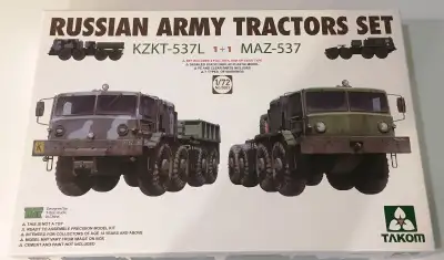 brand new Takom 1/72 Russian Army Tractors Set. This set includes one KZKT-537L and one MAZ-537. Fea...