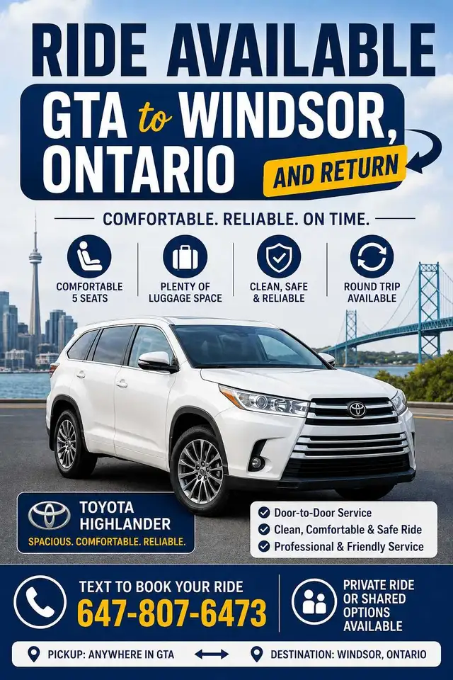  **RIDE GTA → WINDSOR** **Toyota Highlander** Shar
