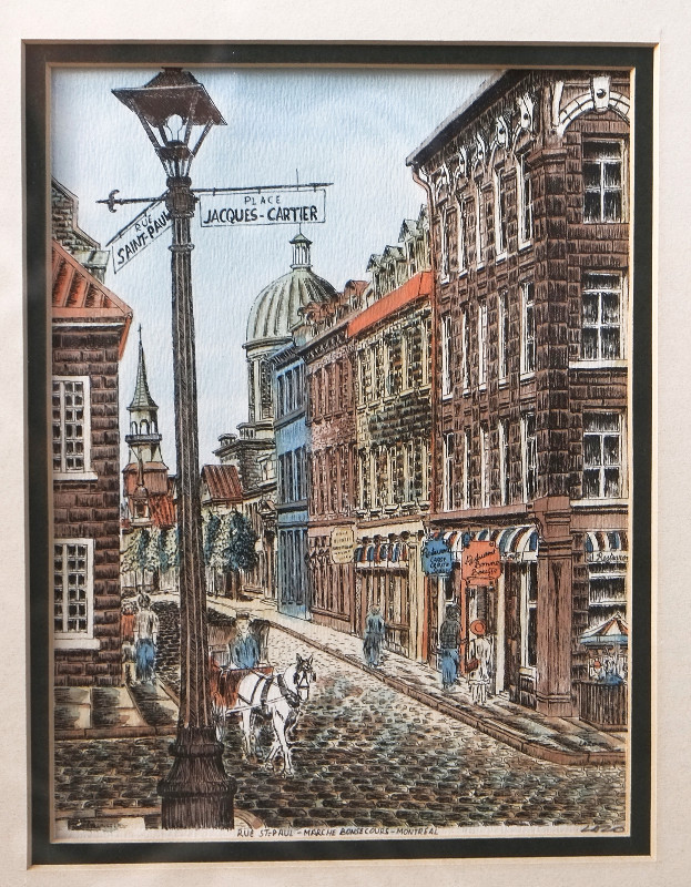 Set of two hand-colored lithographs of Old Montreal by Lazo in Arts & Collectibles in Edmonton - Image 2