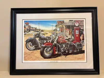 Signed and hand-numbered limited edition print by artist Lance Russwurm, featuring a vintage Harley-...
