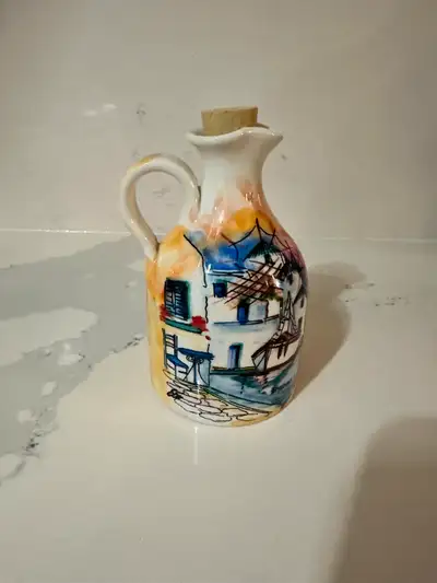 Ceramic Hand Painted jug depicts the beautiful Island of Mykonos in Greece. Great addition to your k...