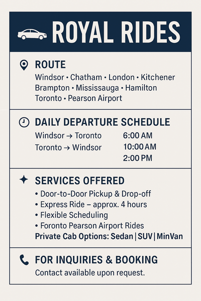 Reliable Windsor ↔ GTA Transportation Service Route Windsor • Chatham • London • Kitchener • Brampto...