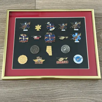 Attractive framed collection of STARS (Shock Trauma Air Rescue Society) pins, featuring a variety of...