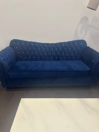 Royal Blue Velvet Tufted Sofa with Crystal Details, View more
